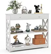 Costway Console Table with Drawer, 3-Tier Couch Table with Storage Shelves, Modern Sofa Side Table with Anti-toppling Device, Narrow Entryway Table for Small Space, Living Room, Hallway (White)