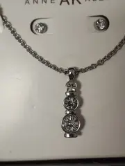 Anne Klein Women's Teardrop Necklace Earring Gift Set Silver Rhinestone w/ Box