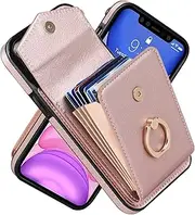 YocoverTech for iPhone 11 Case,for iPhone 11 Wallet Case,PU Leather Back Cover with Wrist Strap[RFID Blocking][360 Rotate Ring Buckle][3 Card Slots+1 Cash Bag]-Rose Gold