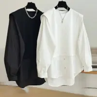 在飛比找蝦皮商城精選優惠-秋款 長袖 假兩件襯衫 圓領假兩件長袖襯衫 黑色 白色  現