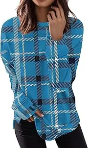 [Generic] Women's Thermal Tops 3XL Size Tops Casual Blouses for Women Crewneck Loose T Shirts Trendy Tunics Traditional Long Sleeve Plaid Printed Pullover