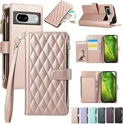 [ELEPIK] for Google Pixel 7A Case, Adjustable Crossbody Wallet Case with Card Holder, Kickstand, Wristlet for Women Men, Durable PU Leather Magnetic Phone Case for Pixel 7A, Pink