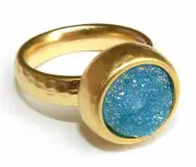 Hammered Yellow Gold 24K Plated Ring w Turquoise Druzy Agate Stone Size 6.5