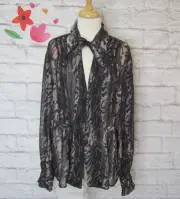 Topshop Sheer V-Neck Tie Front Blouse Black & Pink Animal Print size 12 US New!
