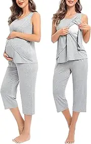[SWOMOG] Women Maternity Pajama Set Nursing Pjs Double Layer Sleeveless Top Capri Pregnancy Set Breastfeeding Pjs with Pockets