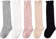 [Gubabycci] Baby Girls Boys Infants Toddlers Uniform Knee High Socks Tube Ruffled Stockings (Pack of 5)