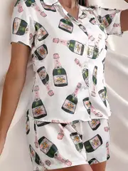 Champagne Bottles Button Pajama Set Women Printed Short Sleeve 2 Pieces Soft Loose Casual Sleepwear Comfortable Homewear L