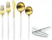 JASHII Matte Gold Silverware Set with White Handle, 20-Piece Stainless Steel Fla