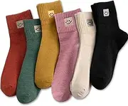 [NevEND] 6 Pairs Women's Mini Crew/Ankle Lenth Cut Cotton Calf Socks with Thick Cushioned for Girls M Happy Face, Happy Face, One Size