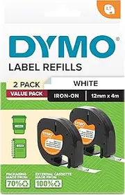 DYMO LetraTag Iron-On Fabric Labels | 12 mm x 2 m Rolls | Black Print on White | Iron-On Clothing Labels for LetraTag Printers | 2 Pack