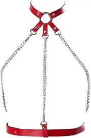 [PETM•HS] Women's Faux Leather Breast Harness Punk Gothic Metal Chain Cross Body Caged Bra Strap Adjustable Rave Festival Costumes