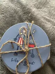 Life is Good JAKE GRILLING Set of 4 Ceramic Coasters BLUE ~ New