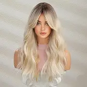Long Ombre Blonde Wavy Wig for Women 24 Inch Middle Part Curly Wavy Wig Natural Looking Synthetic Heat Resistant Fiber Wig for Daily Party Use (Ombre Blonde)