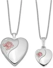 [JewelryWeb] 925 Sterling Silver Satin Back Spring-Ring Holds 2 photos Not engraveable Polished and-Satin Rose Love Heart Locket And Pendant Set 19.6mm Wide-Locket Necklace for Women