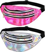 [Firtink] 2 Pack Shiny Bumbag,Holographic Waist BagFanny Pack Double Zipper Belt Bag Festival Rave Bumbags Waterproof Hip Pouch for Ladies Women Ladies Girls Travel Party Sports Running Hiking, Pink,