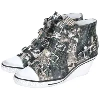 在飛比找Yahoo奇摩購物中心優惠-ASH GENIAL 蛇紋釦帶楔型休閒鞋(駝色)