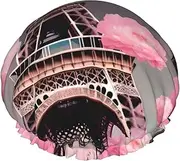Paris Street Eiffel Tower Pink Floral Print Various Activities Shower Cap Reusable Soft And Lightweight Bath Hair Cap Long Hair