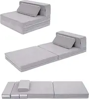 Elftopia 3-in-1 Folding Sofa Bed for Kids,Tri Folding Floor Toddler’s Mattress Fold up Sofa Bed,Child Foldable Futon Mattress,Folding Couch for Kids,Grey