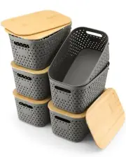 Plastic Storage Bins with Bamboo Lids 6 Packs,Storage Baskets Pantry Decorati...