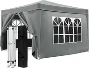 Oppsbuy 3x3 Portable Marquee, Pop Up Canopy with 4 Removable Sidewalls, Height Adjustable, Waterproof Versatile Gazebo Outdoor Folding Camping Shelter Garden Wedding Grey