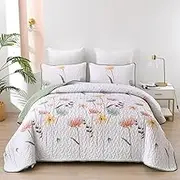 Floral Quilt Set Queen Size,Sage Green Bedspread Coverlet Botanical 3 Pieces Fall Quilts Microfiber Lightweight Bedspreads White Soft Reversible Bed Cover Sets for All Season(Queen, 90"x96")