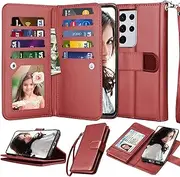 [NJJEX] Wallet Case for Samsung Galaxy S21 5G, For Galaxy S21 Case, [9 Card Slots] PU Leather ID Credit Holder Folio Flip [Detachable] Kickstand Magnetic Phone Cover & Lanyard for Samsung S21 [Wine Red]
