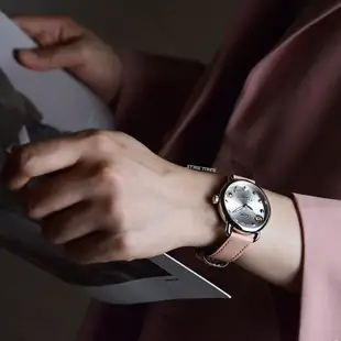 COACH Delancey系列 銀框 銀面 粉色皮革錶帶 立體時標 女錶 手錶-14502799