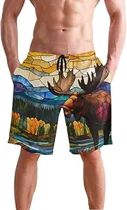 [XYMZR] Moose Stain Glass Men's Swim Trunks Quick-Dry Bathing Suit Swimming Board Shorts S