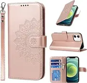 for iPhone 12 Mini Case Wallet with Cards Holder,Coque for iPhone 12Mini Flower Strap Case,Leather Case Women Cover Bag portefeuille Pour Femmes for iPhone12 Mini Pink