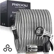 15FT Metal Garden Hose - Stainless Steel, Heavy Duty, Flexible & Lightweight, Never Kink and Tangle, with 10-Function Nozzle, Pressure Resistant for Outdoor Use (Grey)