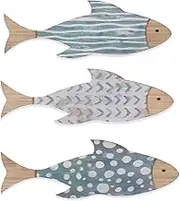 Walquicks 3 Pcs Wooden Fish Coastal Decor Set, Wall Decor Beach Themed Room Decor, Vintage Lake House Decor, Nautical Ocean Wooden Fish Wall Art Decor for Home Indoor Outdoor Bathroom Living Room