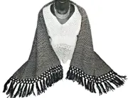 Mexican Rebozo Woven Fringed Shawl or Table Runner Navy Blue Tan 24x78