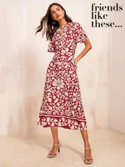 Friends Like These Red ITY Keyhole Flutter Short Sleeve Printed Midi Dress (AN8400) | $59
