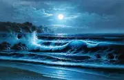 Night Ocean #5C-BNO-01, 24x36, 100% Hand Painted Oil Painting on Canvas,