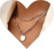 [Allereyae] Vintage Layered Coin Disc Choker Necklace Retro Coin Pendant Necklace Punk Paperclip Chain Necklace Gold Round Circle Necklace Jewelry for Women and Girls (Gold)
