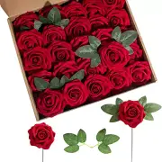 Artificial Flower Foam Rose 25Pcs Real Looking Fake Rose with Stems Leaves for H