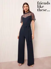 Friends Like These Navy Blue Lace Short Sleeve Jumpsuit (AR6026) | $59