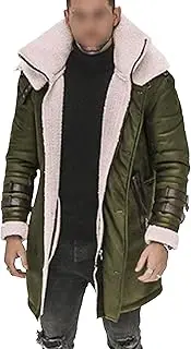 [Qolkmuiy-GJ] Mens Faux Lambskin Bomber Coats Sherpa Lined Leather Jacket Casual Faux Fur Mid Length Coat Winter Warm