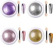 4 Boxes Nail Powder Multicolor Metallic Chrome Powder Magic Mirror Effect Nail Glitter Shell Glitter Dust with 4 Pieces Eyeshadow Sticks for Nail Art Design Decoration