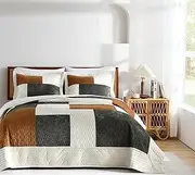 Grassix Velvet King Quilt Bedding Set, Summer King Size Comforter Lightweight Soft Bohemian Patchwork Quilted Bedspread Coverlet Set, Green Gold Bedspreads with 2 Pillow Shams for All Seasons