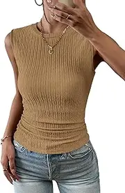 [Hotouch] Womens Tank Tops Sleeveless Vest Round Neck Casual Blouses Summer Basic Top Sexy Bubble Pleat Tank Shirt S-XXL