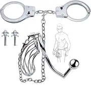 SM Metal Handcuffs Penis Cage with Chastity Cage Anal Hook Restraints Sex Toys for Men Women Metal Handcuff Lock BDSM Bondage Handcuffs Penis Cage Butt Plug(40mm)