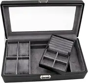 JCQMZB 3 Slot Watch Box Display Case Organizer, Glass Topped Watch Storage Case for Men's & Women's Gift Business (Carbon Fiber Leather)