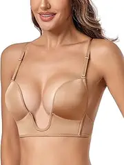 [HANSCA] Women's Plunge Deep U Bra Cleavage Push Up Low-Cut Plunging Bras Convertible Padded Support