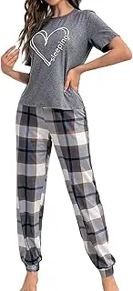 [MAIABLEAU] Womens 2 Piece Pajamas Sets Short Sleeve Sleepwear Top with Fashion Grid Pattern Pants Loungewear
