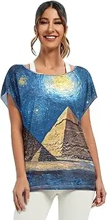 [RPLIFE] Mystic Pyramids Starry Sky Blue Womens Blouse Summer, Casual t Shirt Batwing Sleeve Blouses Women S-XXL