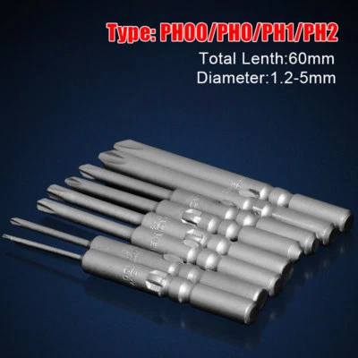 60mm Philips Magnetic Screwdriver Drill Bits PH00-PH2 5mm Round Shank Screw Nut