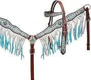 Showman Leather Headstall & Breast Collar Set w/Blue Diamond Print Overlay & Blue Ombre Leather Fringe