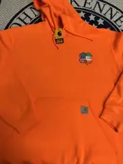 Brand New Carhartt Hoodie w/ Embroidered Shamrock Irish/ America flag Orange Med