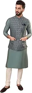 [KISAH] Men's Kurta Jacket Set Blended Fabric Full Sleaves, Knee Length, Regular Fit, Mandarin Collar Ethnic Casual Traditional Wear 38 Olive Green & Thanksgiving, Olive Green, 38